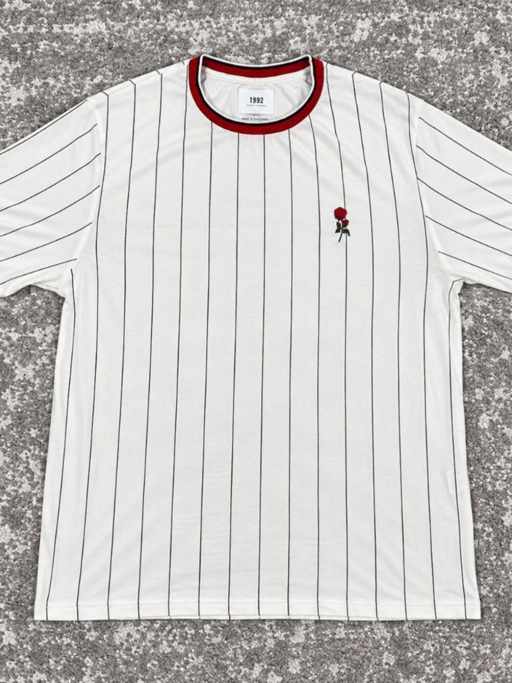 1992 Pinstripe Rose White Ringer T-Shirt Red Black Blokecore Streetwear